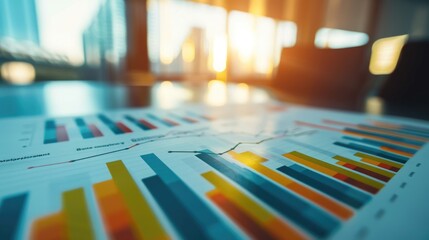 close up of financial charts and graphs business analysis focus on growth vibrant Double exposure conference room