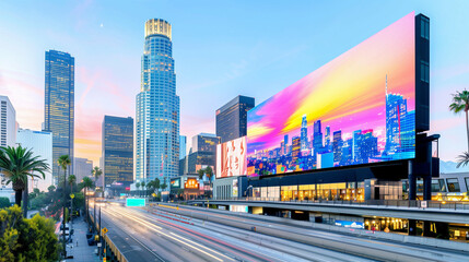 Cityscape with skyscrapers. Vibrant billboard at sunset. Urban landscape
