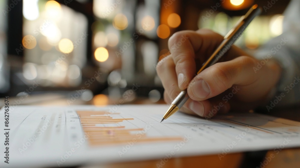 Poster A close-up of a hand drawing a bar graph on a piece of paper, illustrating data analysis.