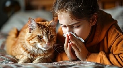 Child with cat allergy sneezing next to pet at home   illustrating allergy concept