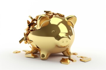 Broken piggy bank gold white background representation.