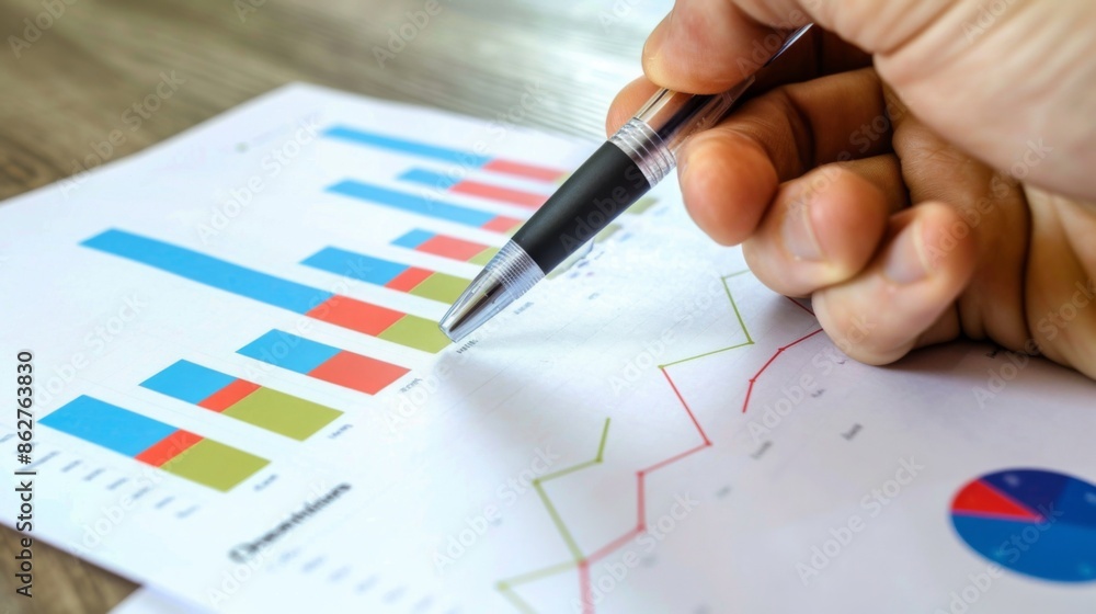 Poster a close-up of a hand holding a pen, pointing at a financial graph on a printed report during a meeti