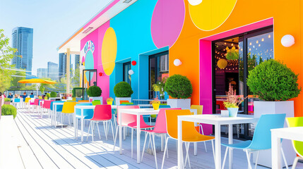 Outdoor cafe with colorful chairs. Vibrant city patio. Lifestyle photography