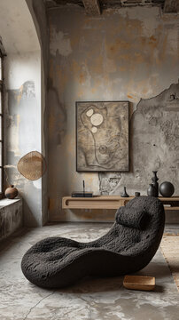 blank white studio wall, woven black organic shaped couch in the lower 3rd, soft concrete floors, full shot, front lighting