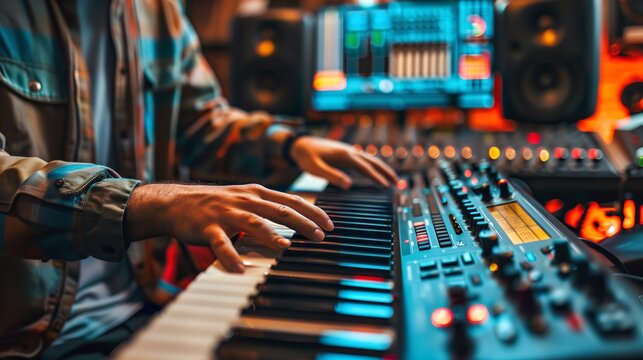 A man wearing a leather jacket is actively performing on a keyboard instrument