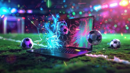 The laptop with soccer balls