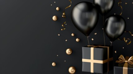 Obraz premium Black and gold balloons with gift box on dark background