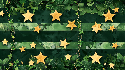 Vine stars and jungle leaf stripes on a themed Memorial Day banner.