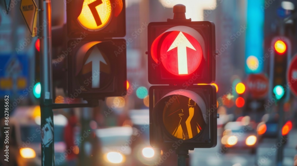 Poster a close-up of traffic signs and signals at a busy intersection, illustrating traffic management in t
