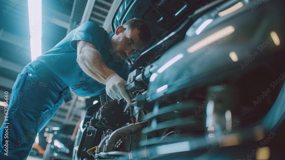 Poster a mechanic using specialized equipment to repair a car, against a blank background perfect for addin