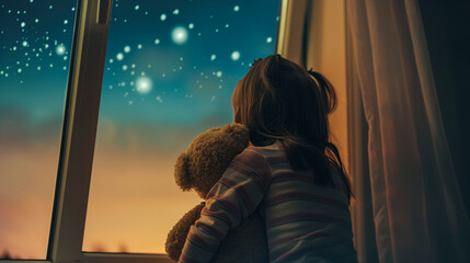 Young girl wearing pajamas and holding her teddy bear while gazing out of the window at the starry night sky before bedtime.