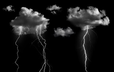 Clouds with lightning isolated on black background. Concept on topic weather, cataclysms...
