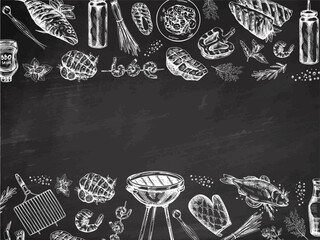 A set of hand-drawn sketches of barbecue and picnic elements, barbecue grill, tools, grilled fish, fish steaks. Template. Vintage illustration on chalkboard background. © Mariia Mazaeva