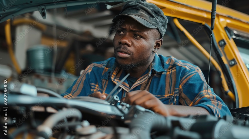 Poster a mechanic inspecting under the hood while repairing a car, against a simple background perfect for 