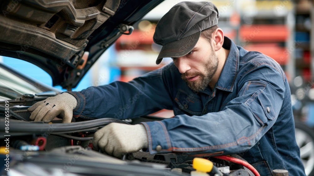 Poster a mechanic inspecting under the hood while repairing a car, against a simple background perfect for 