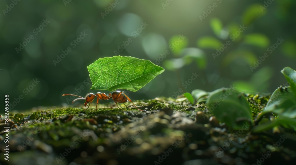 Poster a close-up shot of a single ant carrying a leaf, showcasing its strength and determination on a fore