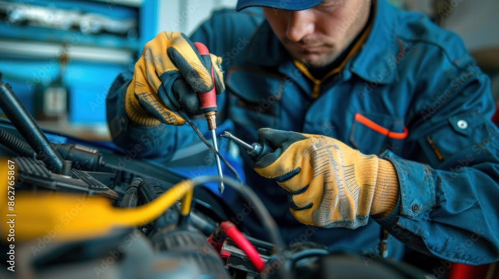 Poster a mechanic using diagnostic tools to troubleshoot and repair a car issue, with room for personalized