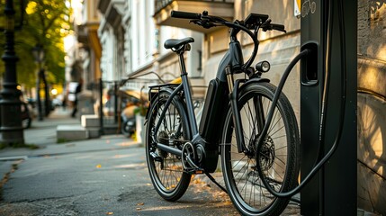 Obraz premium Electric Bicycle Charging Station - Urban Transportation, Eco-Friendly Commuting
