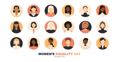 Women's Equality Day banner. Icons of different women. Modern design.