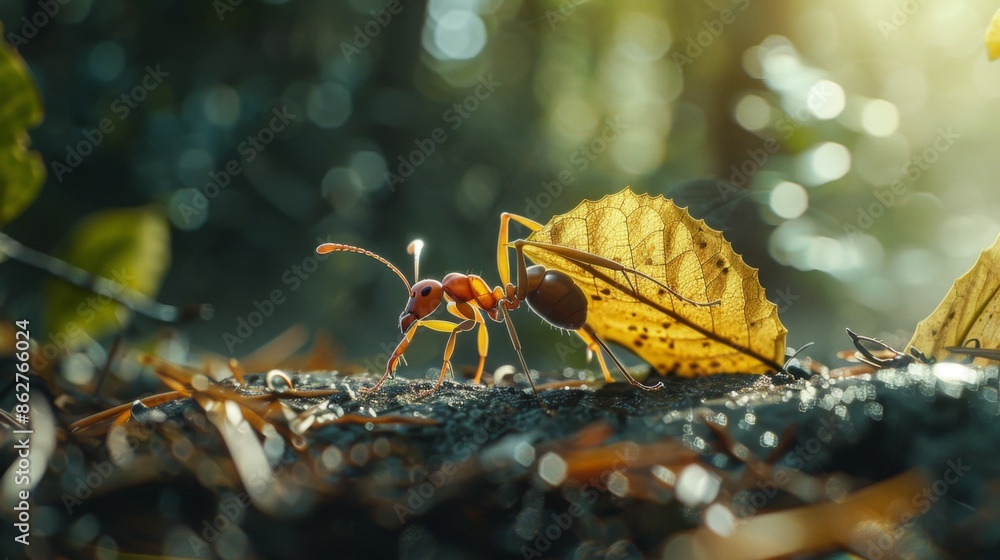 Poster a close-up shot of a single ant carrying a leaf, showcasing its strength and determination on a fore