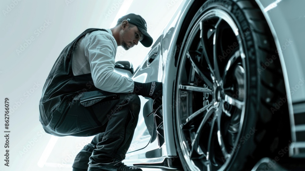 Poster a mechanic using precision techniques to install a high-performance car concept enhancement, against