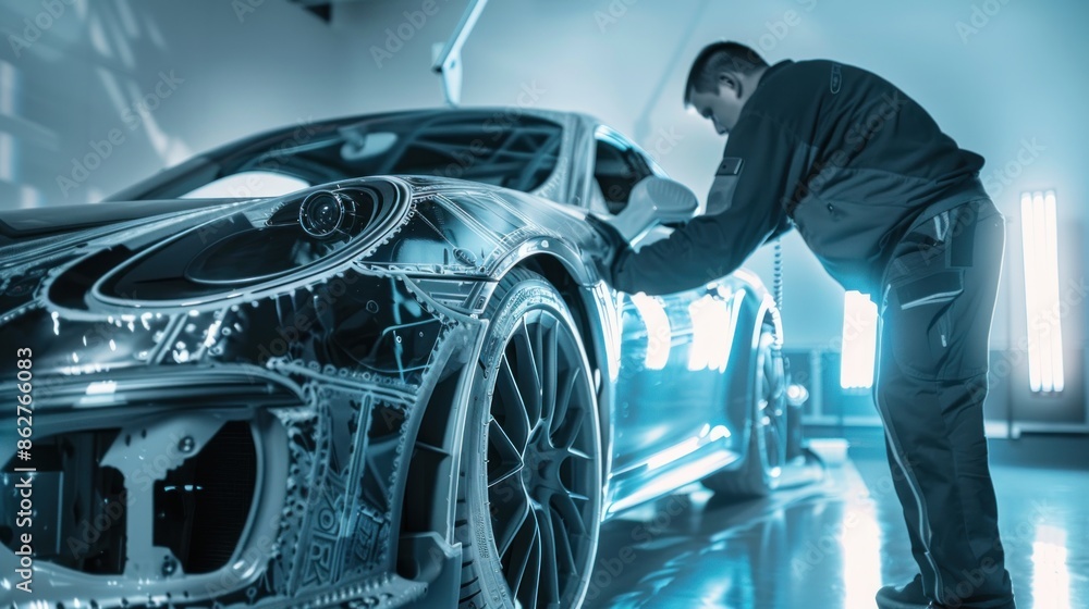 Poster a mechanic using precision techniques to install a high-performance car concept enhancement, against