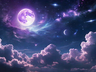 Fototapeta premium Full moon light Purple sky stars Violet Clouds Space and Galaxy universe