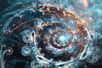 Opal gears dance within an abstract kaleidoscope of swirling cosmic spirals and clockwork.