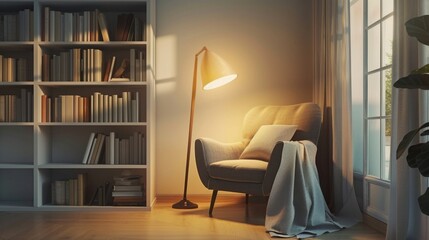 A cozy reading nook in a minimalist home, featuring a comfortable chair, floor lamp, and a small bookshelf.