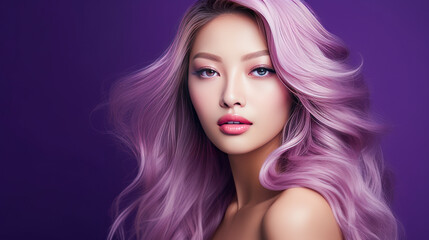 Fototapeta premium Portrait of a beautiful, sexy, smiling, happy blonde Asian woman with perfect skin, purple background, banner.
