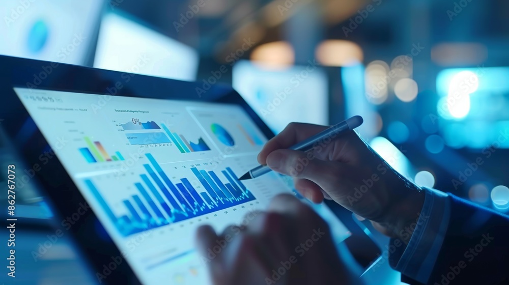Aufkleber a financial advisor explaining a complex financial graph to a client using a tablet, with focus on t