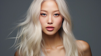 Naklejka premium Portrait of a beautiful, sexy, smiling, happy blonde Asian woman with perfect skin, silver background, banner.