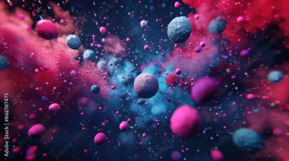 Poster a colorful space with many small, round objects floating around. the colors are bright and vibrant, 