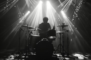 Fototapeta premium Drummer Performing Under Stage Lights During Concert