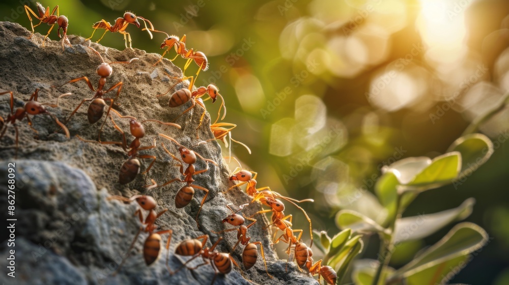 Poster a group of ants working together to build an anthill, highlighting their teamwork and industrious na
