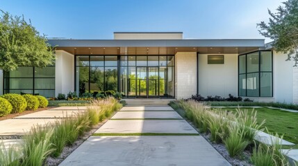 A front entrance of a minimalist style home with clean landscaping, concrete walkway, and large glass door.