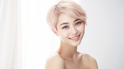 Fototapeta premium Portrait of a beautiful, sexy, smiling, happy Asian blonde woman with short haircut and perfect skin, white background, banner.