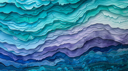 A cross-section of geological layers in wide bands featuring shades of blue, purple, light blue and emerald.