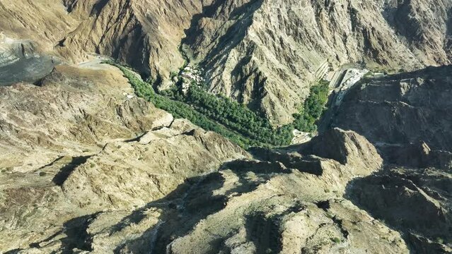 Aerial view of Jebel Jais mountains and valley, Ras Al Khaimah, United Arab Emirates.
