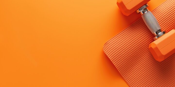Dumbbell and Yoga Mat on Vibrant Orange Background, Top View 