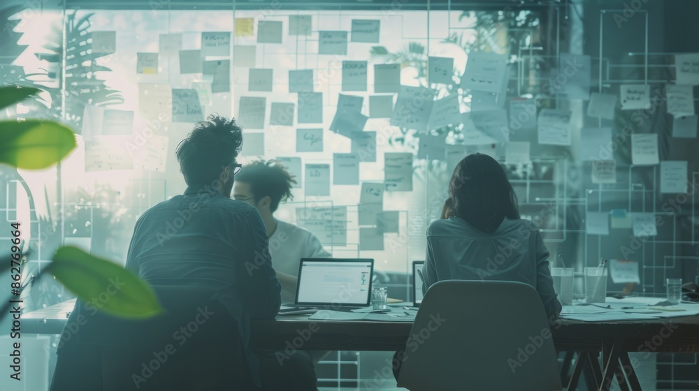 Poster collaborative designers utilizing sticky notes in a contemporary workspace for brainstorming