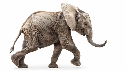 Obraz premium Cute baby elephant walking in white background. Adorable young elephant with wrinkled skin. Perfect for educational materials, wildlife photography and print media. AI