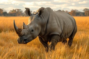 Obraz premium A Northern white rhinoceros grazing in a grassy savannah, its massive, grey body and prominent horn highlighted against the golden landscape.