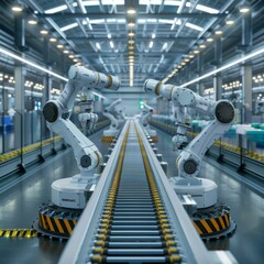 Group of Robotic Arms on a Conveyor Belt in a Modern Factory