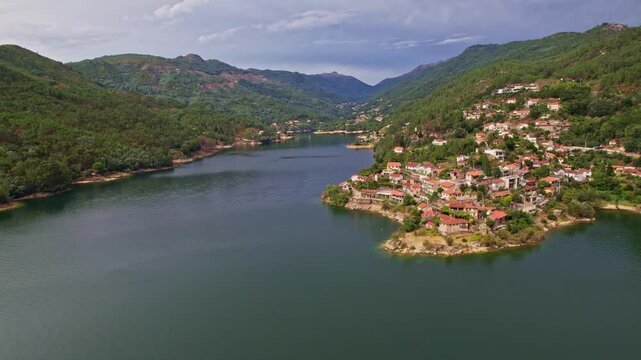 Aerial view of Cavado river and touristic village in Peneda-Geres National Park, Northern Portugal.