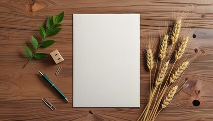 letterhead mockup on a wooden background with blank letterhead, a small bundle of dry wheat, green leaves, pen, paper clips and stamp