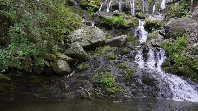 Close-up of Catawba Falls with water cascading over moss-covered rocks, surrounded by lush greenery and plants.