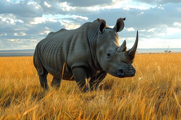 Obraz premium A Northern white rhinoceros grazing in a grassy savannah, its massive, grey body and prominent horn highlighted against the golden landscape.