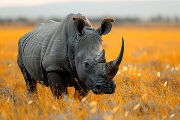 Obraz premium A Northern white rhinoceros grazing in a grassy savannah, its massive, grey body and prominent horn highlighted against the golden landscape.