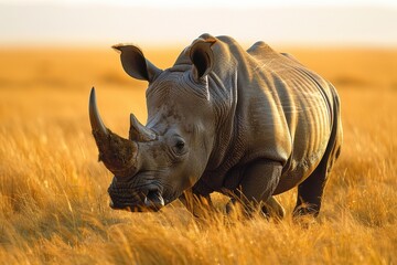Obraz premium A Northern white rhinoceros grazing in a grassy savannah, its massive, grey body and prominent horn highlighted against the golden landscape.
